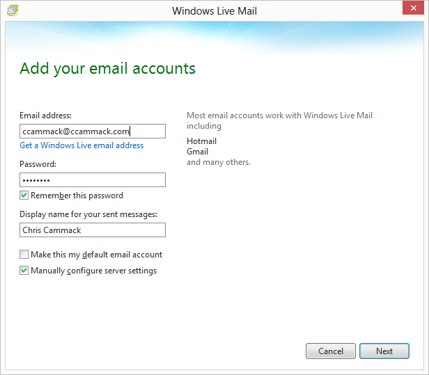 Configure Windows Live Mail Client IMAP Settings Step 1