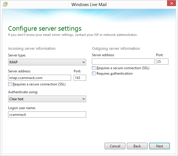 Configure Windows Live Mail Client IMAP Settings Step 2